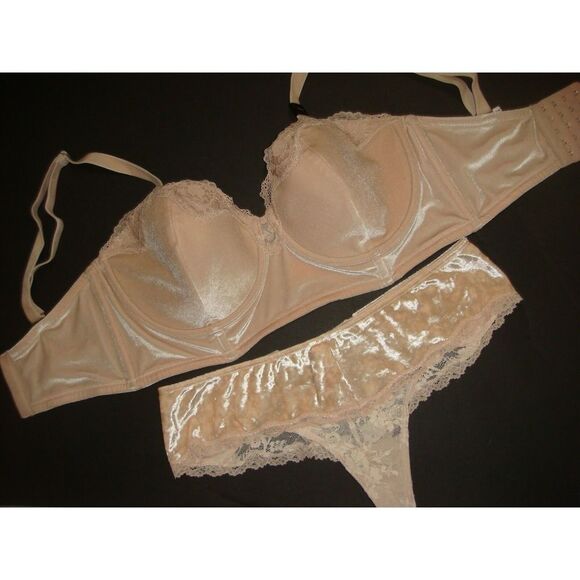 NWT Victoria's Secret 36DD BRA SET+L thong NUDE beige VELOUR velvet floral lace - Picture 1 of 6